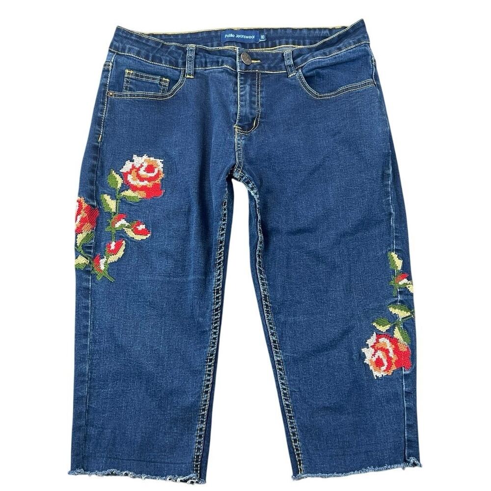 Patille Jeanswear Floral Rose Embroidered Cropped Capri Jeans Y2K Long Shorts 10